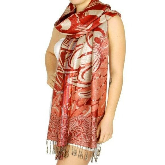 NWT Gorgeous Reversible Peacock's Feather Fringed Pashmina Shawl Evening Wrap - Picture 3 of 8